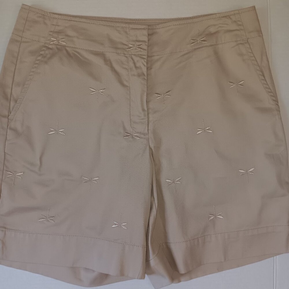 TALBOTS STRETCH COTTON BLEND DRAGONFLY EMBROIDERY KHAKI SHORTS
